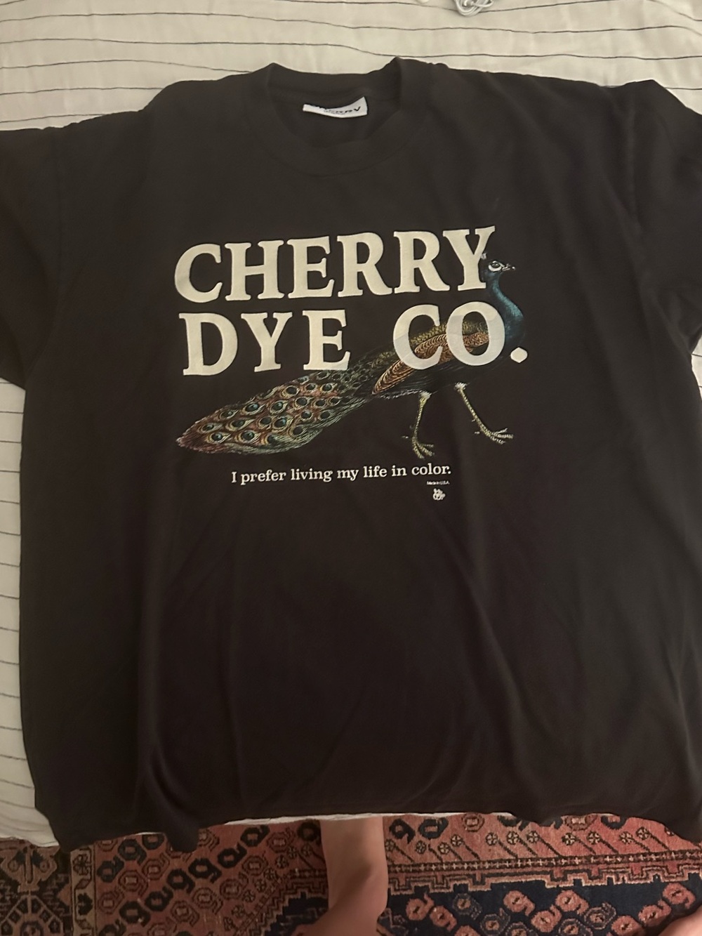 Cherry LA Black T-Shirt with Colorful Peacock Graphic
